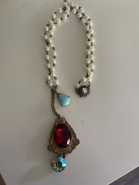 Vintage Pearl Necklace with Red and Aqua Gemstone Drop Unique